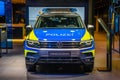 FRANKFURT, GERMANY - SEPT 2019: blue yellow police VOLKSWAGEN VW TIGUAN 2nd generation 5N SUV, IAA International Motor Show Auto