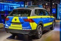 FRANKFURT, GERMANY - SEPT 2019: blue yellow police VOLKSWAGEN VW TIGUAN 2nd generation 5N SUV, IAA International Motor Show Auto