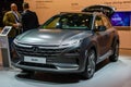 FRANKFURT, GERMANY - SEPT 2019: gray black carbon HYUNDAI NEXO is hydrogen fuel cell powered crossover SUV, IAA International