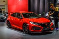 FRANKFURT, GERMANY - SEPT 2019: red HONDA CIVIC TYPE R sport hatchback car, IAA International Motor Show Auto Exhibtion Royalty Free Stock Photo