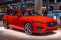 FRANKFURT, GERMANY - SEPT 2019: red JAGUAR XE R Dynamics sedan, IAA International Motor Show Auto Exhibtion