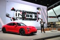 FRANKFURT, GERMANY - SEPT 2019: red PORSCHE TAYCAN TURBO S is an all-electric 4-door coupe was first unveiled as a concept car