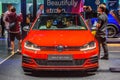 FRANKFURT, GERMANY - SEPT 2019: red VOLKSWAGEN GOLF GTI CTR hatchback, IAA International Motor Show Auto Exhibtion Royalty Free Stock Photo