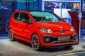 FRANKFURT, GERMANY - SEPT 2019: red VOLKSWAGEN VW UP GTI hatchback, IAA International Motor Show Auto Exhibtion