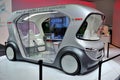 FRANKFURT, GERMANY - SEPT 2019: silver black BOSCH SHUTTLE IOT selfdriving autonomous bus, IAA International Motor Show Auto