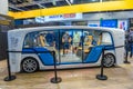 FRANKFURT, GERMANY - SEPT 2019: white blue driverless shuttle bus RINSPEED SNAP, IAA International Motor Show Auto Exhibtion