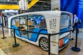 FRANKFURT, GERMANY - SEPT 2019: white blue driverless shuttle bus RINSPEED SNAP, IAA International Motor Show Auto Exhibtion