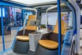 FRANKFURT, GERMANY - SEPT 2019: white blue driverless shuttle bus RINSPEED SNAP, IAA International Motor Show Auto Exhibtion