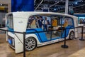 FRANKFURT, GERMANY - SEPT 2019: white blue driverless shuttle bus RINSPEED SNAP, IAA International Motor Show Auto Exhibtion