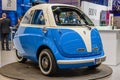 FRANKFURT, GERMANY - SEPT 2019: white blue MICROLINO small electric car, IAA International Motor Show Auto Exhibtion