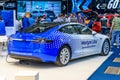 FRANKFURT, GERMANY - SEPT 2019: white blue TESLA S Velodyne Lidar electric car, IAA International Motor Show Auto Exhibtion