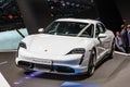 FRANKFURT, GERMANY - SEPT 2019: white PORSCHE TAYCAN TURBO S is an all-electric 4-door coupe was first unveiled as a concept car