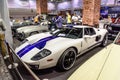 FRANKFURT, GERMANY - SEPT 2019: white violet purple FORD GT first generation sport coupe 2004 2006, IAA International Motor Show