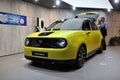 FRANKFURT, GERMANY - SEPT 2019: yellow small electric car from HONDA, IAA International Motor Show Auto Exhibtion