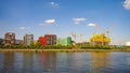 Frankfurt, Germany Ã¢â¬â September 3, 2011: Cityscape at the bank of Main river with modern living houses construction sites in