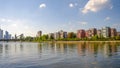 Frankfurt, Germany Ã¢â¬â September 3, 2011: Cityscape at the bank of Main river with modern living houses construction sites in