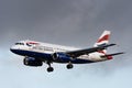 FRANKFURT, HESSEN - GERMANY - December 23 2019 - Airplane British Airways Airbus A319-100 G-EUPZ is flying to the runway. The