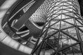 Ground level view inside Myzeil shopping mall. Futuristic architecture Myzeil shoping center building. Black And White