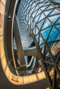 Ground level view inside Myzeil shopping mall. Futuristic architecture Myzeil shoping center building