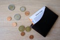 Frankfurt - June 2022: 9-euro travel subscription in wallet lies on table among euro coins, monthly travel passes in germany for