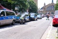 Frankfurt - June 2022: typical german police cars on streets of germany, frankfurt am main law enforcement officers guarding order