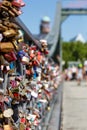 Frankfurt love locks on Eiserner Steg bridge portrait format in Germany