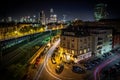 Frankfurt am Main from above, cityscape with the skyline in the evening. Illuminated streets and buildings at night Royalty Free Stock Photo