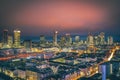 Frankfurt am Main from above, cityscape with the skyline in the evening. Illuminated streets and buildings at night Royalty Free Stock Photo