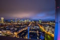 Frankfurt am Main from above, cityscape with the skyline in the evening. Illuminated streets and buildings at night Royalty Free Stock Photo