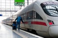 Frankfurt am Main - February 8: Intercity Express, ICE train of Deutsche Bahn in Frankfurt Hbf, Germany. With Fast ICE train you Royalty Free Stock Photo