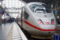 Frankfurt am Main - February 8: Intercity Express, ICE train of Deutsche Bahn in Frankfurt Hbf, Germany. With Fast ICE train you Royalty Free Stock Photo