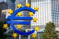 Frankfurt am Main, German - April 19, 2020. the European Central Bank, the euro symbol and the European Union logo in