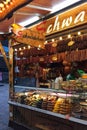 FRANKFURT AM MAIN, GERMANY - December 2018: a sausage shop sells sausage and meat in Frankfurt Square during the Christmas market