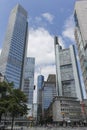 FRANKFURT AM MAIN, GERMANY - June 19 , 2014 : View of city financial center with banks skyscrapers.Economy, business and finance Royalty Free Stock Photo