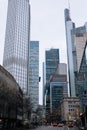 FRANKFURT-AM-MAIN, GERMANY - MARCH 2020: Skyscrapers in financial district in fog rainy day. Skyline of big modern city Royalty Free Stock Photo