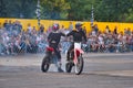 FRANKFURT AM MAIN, GERMANY - SEPT 2022: 2 stuntmen riding Honda CRF 450R, Monster Truck auto show Royalty Free Stock Photo