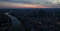 Frankfurt am Main, Hessen, Germany, May 9th, 2024: Frankfurt am Main skyline, office buildings at night.