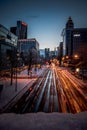 Frankfurt, skyline, skyscrapers in the snow, winter cold and it in Germany. In the morning at sunrise, roads in the snow Royalty Free Stock Photo