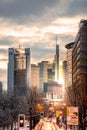 Frankfurt, skyline, skyscrapers in the snow, winter cold and it in Germany. In the morning at sunrise, roads in the snow Royalty Free Stock Photo