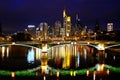 Frankfurt am Main, October 2021: European night city, bridge over Main river, reflections on water, skyscrapers window lights