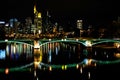 Frankfurt am Main, October 2021: European night city, bridge over Main river, reflections on water, skyscrapers window lights