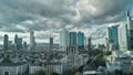 Frankfurt/Main Skyline Aerial Drone Shot At Sunset, view along the river Royalty Free Stock Photo