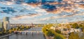 Frankfurt/Main Skyline Panoramic Aerial Drone Shot along the river at dusk Royalty Free Stock Photo