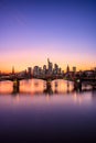 Sunset over the river Main in Frankfurt. View of the skyline with a bridge in the foreground. Cityscape in a long exposure