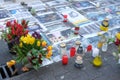 Frankfurt - March 2022: memorial day for the dead, flowers lie on ground, mourning candles burning for dead, an anti-war rally