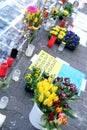 Frankfurt - March 2022: memorial day for the dead, flowers lie on ground, mourning candles burning for dead, an anti-war rally