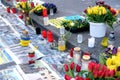 Frankfurt - March 2022: memorial day for the dead, flowers lie on ground, mourning candles burning for dead, an anti-war rally