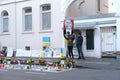 Frankfurt - March 2022: people support Ukraine, flowers lie on ground, mourning candles burning for dead, an anti-war rally near