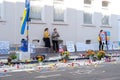 Frankfurt - March 2022: people support Ukraine, flowers lie on ground, mourning candles burning for dead, an anti-war rally near