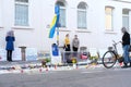 Frankfurt - March 2022: people support Ukraine, flowers lie on ground, mourning candles burning for dead, an anti-war rally near